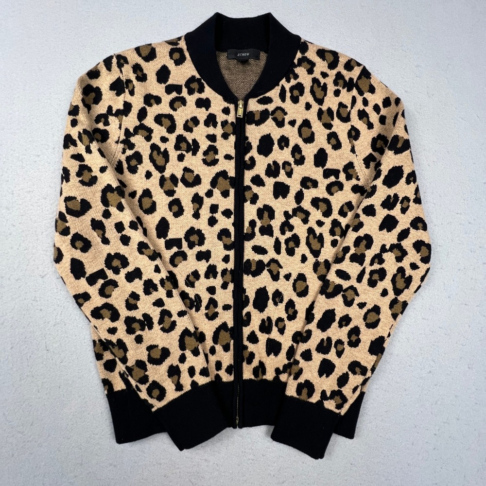 J.Crew Bomber Jacket Womens XS Tan Leopard Print Zip Front Knit Sweater Casual